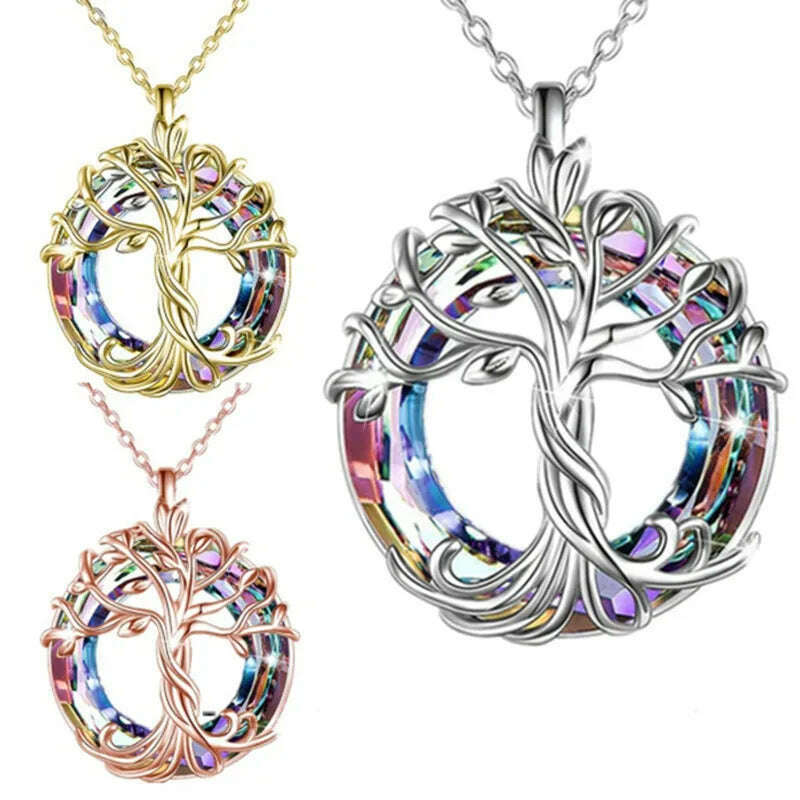 Jewelry for Women Celtic Family Tree of Life Necklace for Women Rainbow Crystal Pendant Birthday Valentines Day Gift Collares