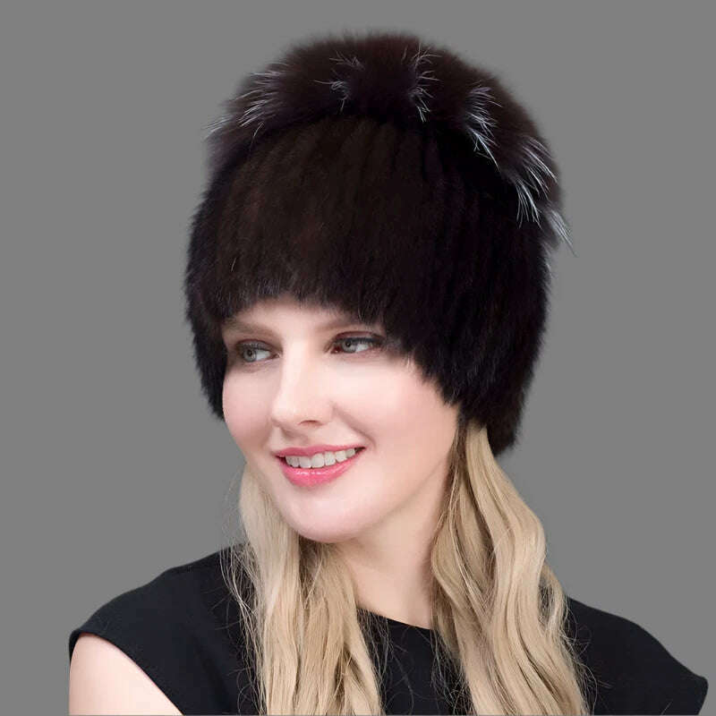 JINBAOSEN Style Winter Female Fur Hat Mink Fur Plus Fox Fur Stitching Knit Liner Fur Ski Hat Free Shipping