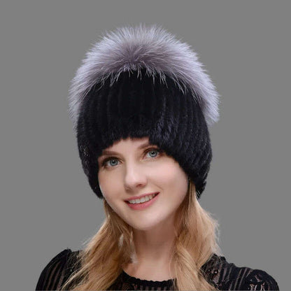 JINBAOSEN Style Winter Female Fur Hat Mink Fur Plus Fox Fur Stitching Knit Liner Fur Ski Hat Free Shipping