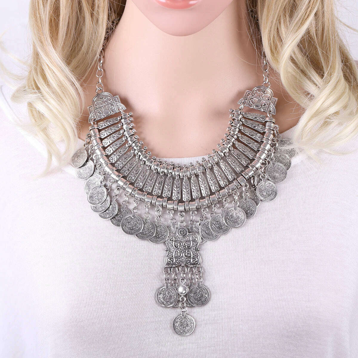 KAYMEN Bohemia Gipsy Coins Pendant Necklace Vintage Statement Chokers Necklace for Girls Women Antique Silver Color Necklaces