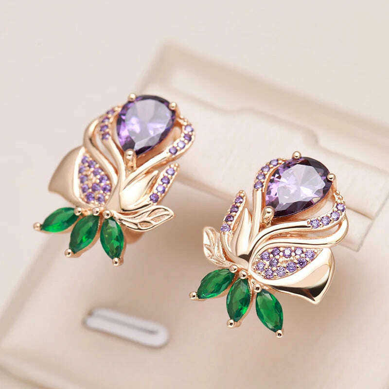 Kienl Vintage Purple Natural Zircon Flower Drop Earring High Quality Fine Daily Jewelry Women 585 Rose Gold Color Big Earring