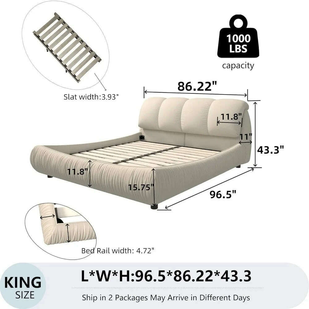 King Beds Frame with Headboard, Upholstered Platform Bed Frames King Size, Wooden Daybed Low Bed Frame Cloud-Like Bed Frames