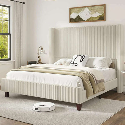 King Size 61" Corduroy Upholstered Bed Frame, Platform Bed with Vertical Stripe Wingback Headboard, No Box Spring Needed/Noise