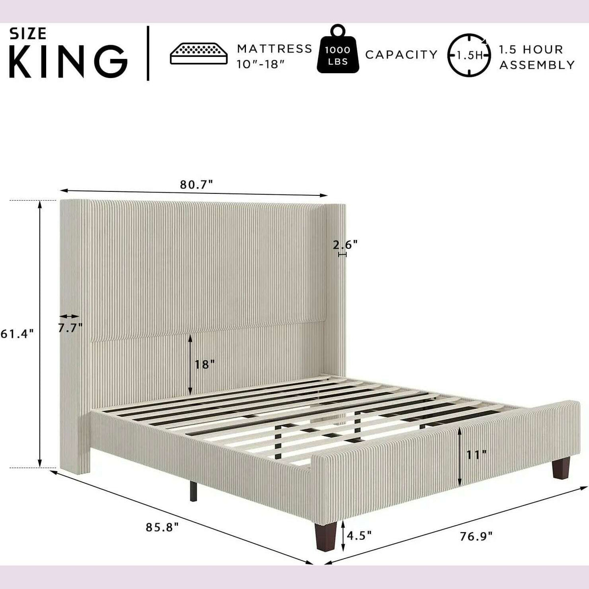 King Size 61" Corduroy Upholstered Bed Frame, Platform Bed with Vertical Stripe Wingback Headboard, No Box Spring Needed/Noise