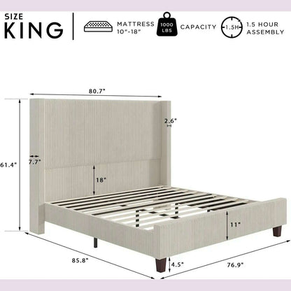 King Size 61" Corduroy Upholstered Bed Frame, Platform Bed with Vertical Stripe Wingback Headboard, No Box Spring Needed/Noise