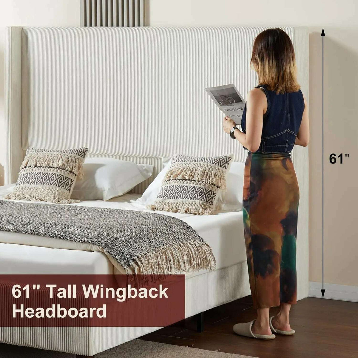King Size 61" Corduroy Upholstered Bed Frame, Platform Bed with Vertical Stripe Wingback Headboard, No Box Spring Needed/Noise