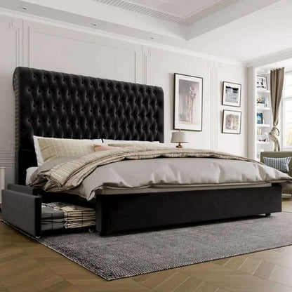 King Size Bed Frame 55" Tall Headboard with Gorgeous Button Tufted and Nail, Velvet Fabric Upholstered Bed Frame