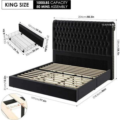King Size Bed Frame 55" Tall Headboard with Gorgeous Button Tufted and Nail, Velvet Fabric Upholstered Bed Frame