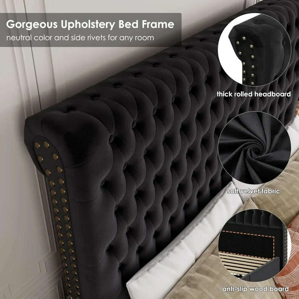 King Size Bed Frame 55" Tall Headboard with Gorgeous Button Tufted and Nail, Velvet Fabric Upholstered Bed Frame