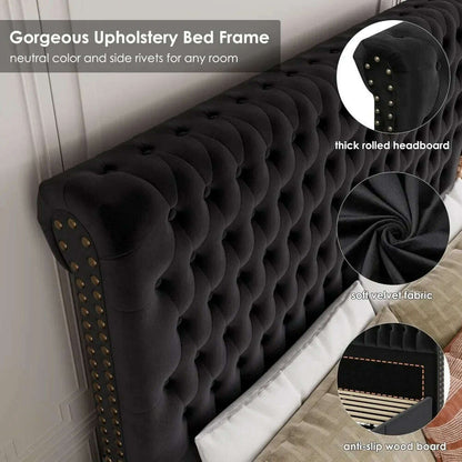 King Size Bed Frame 55" Tall Headboard with Gorgeous Button Tufted and Nail, Velvet Fabric Upholstered Bed Frame