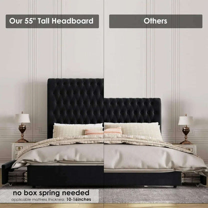King Size Bed Frame 55" Tall Headboard with Gorgeous Button Tufted and Nail, Velvet Fabric Upholstered Bed Frame