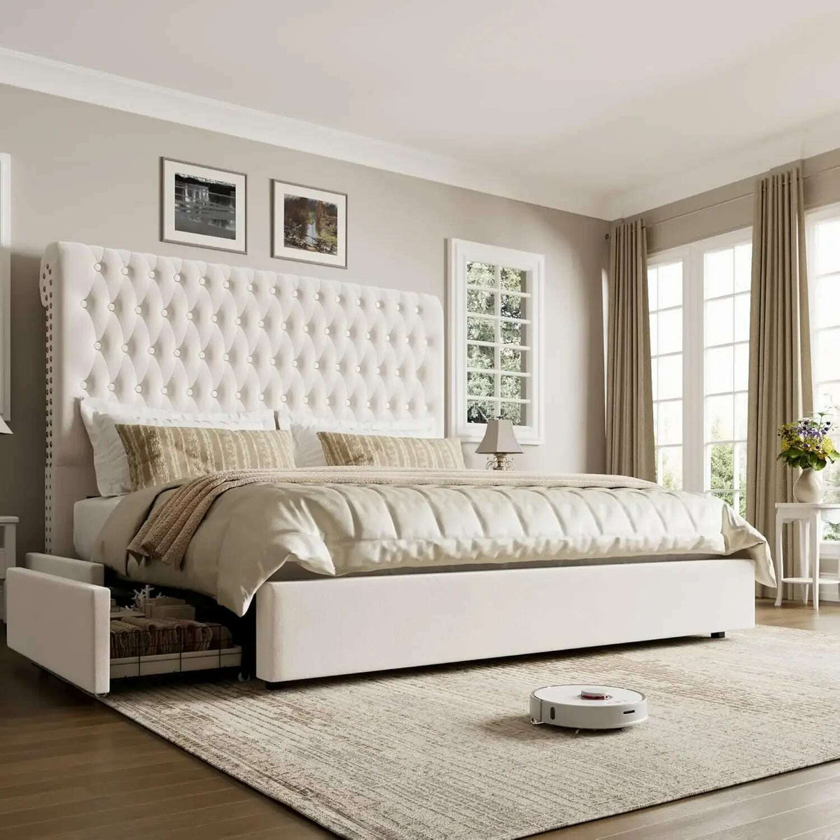 King Size Bed Frame 55" Tall Headboard with Gorgeous Button Tufted and Nail, Velvet Fabric Upholstered Bed Frame