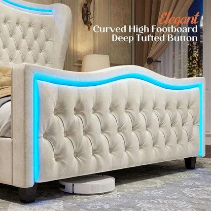King Size Bed Frame with LED Lights, 53'' Upholstered Platform Wingback Bed with Handmade Deep Button Tufted Headboard Footboard