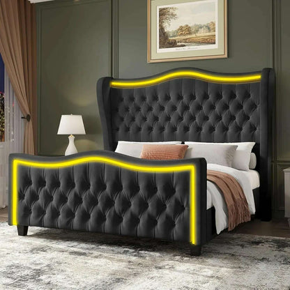 King Size Bed Frame with LED Lights, 53'' Upholstered Platform Wingback Bed with Handmade Deep Button Tufted Headboard Footboard