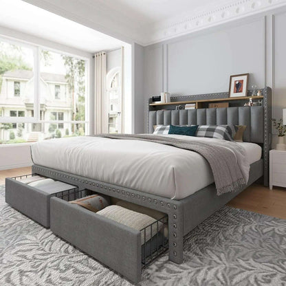 King Size Bed Frame with Storage and Headboard, Upholstered Bed Frames with Storage and 2 Drawers, King Size Beds Frame