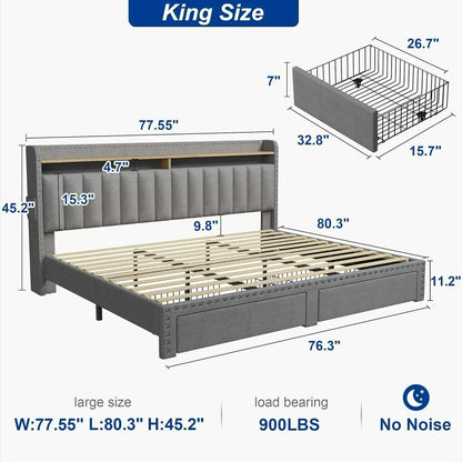 King Size Bed Frame with Storage and Headboard, Upholstered King Bed Frame with Storage, Grey King Bed Frame
