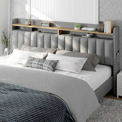 King Size Bed Frame with Storage and Headboard, Upholstered King Bed Frame with Storage, Grey King Bed Frame