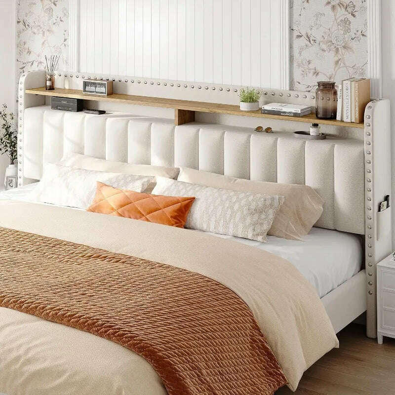 King Size Bed Frame with Storage and Headboard, Upholstered King Bed Frame with Storage, King Bed Frame
