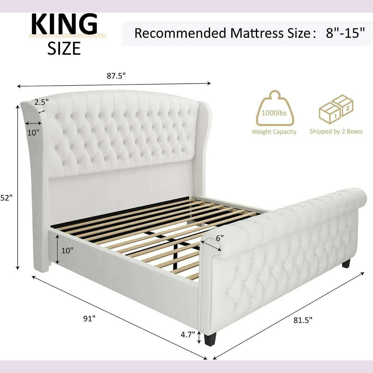 King Size Platform Bed Frame, Chenille Upholstered Sleigh Bed with Scroll Wingback Headboard & Footboard/Button Tufted