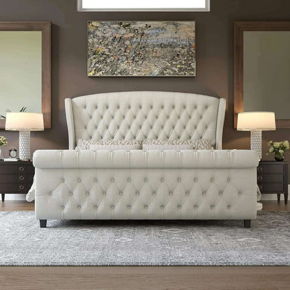 King Size Platform Bed Frame, Chenille Upholstered Sleigh Bed with Scroll Wingback Headboard & Footboard/Button Tufted