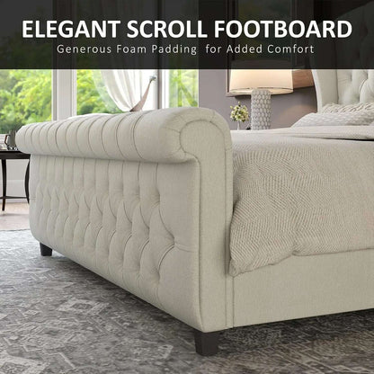 King Size Platform Bed Frame, Chenille Upholstered Sleigh Bed with Scroll Wingback Headboard & Footboard/Button Tufted
