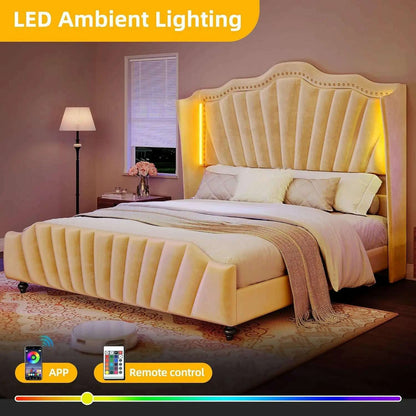 King Size Platform Bed Frame with 60" Tall Wingback Headboard and Footboard, Velvet Upholstered Bed with LED Light,