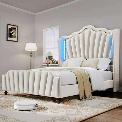 King Size Platform Bed Frame with 60" Tall Wingback Headboard and Footboard, Velvet Upholstered Bed with LED Light,