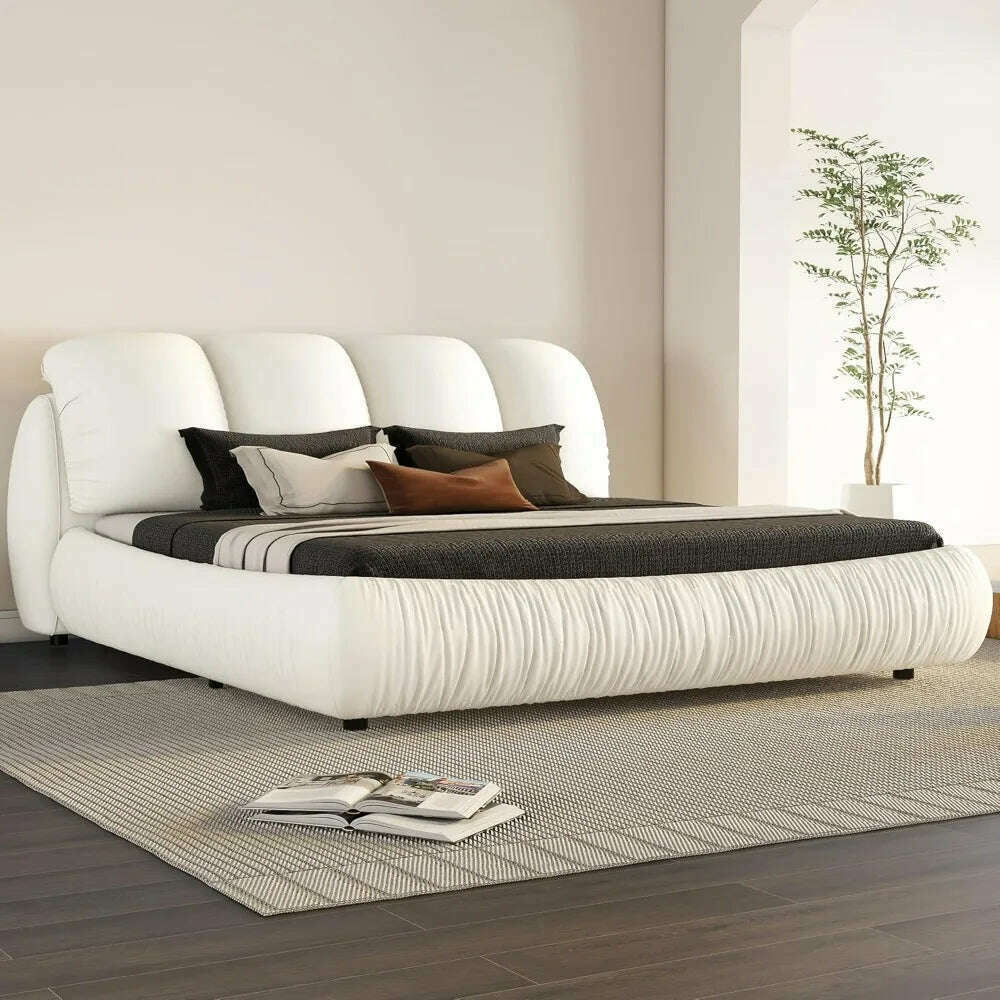King Size Platform Bed with Overstuffed Padded Headboard, Lite Deluxe Faux Leather Upholstered Solid Wood Frame Cloud Bed