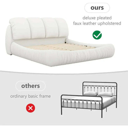 King Size Platform Bed with Overstuffed Padded Headboard, Lite Deluxe Faux Leather Upholstered Solid Wood Frame Cloud Bed