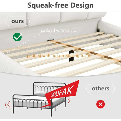 King Size Platform Bed with Overstuffed Padded Headboard, Lite Deluxe Faux Leather Upholstered Solid Wood Frame Cloud Bed