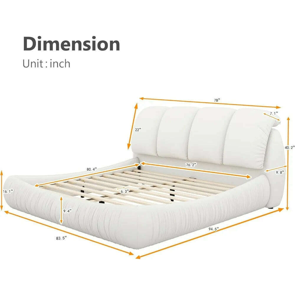 King Size Platform Bed with Overstuffed Padded Headboard, Lite Deluxe Faux Leather Upholstered Solid Wood Frame Cloud Bed