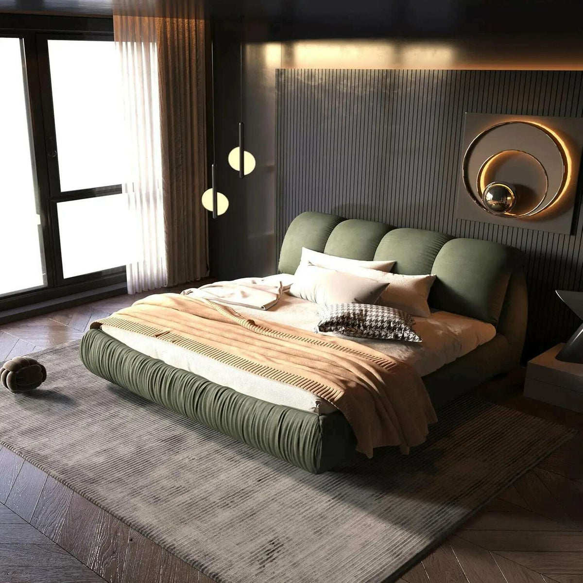King Size Platform Bed with Overstuffed Padded Headboard, Lite Deluxe Faux Leather Upholstered Solid Wood Frame Cloud Bed