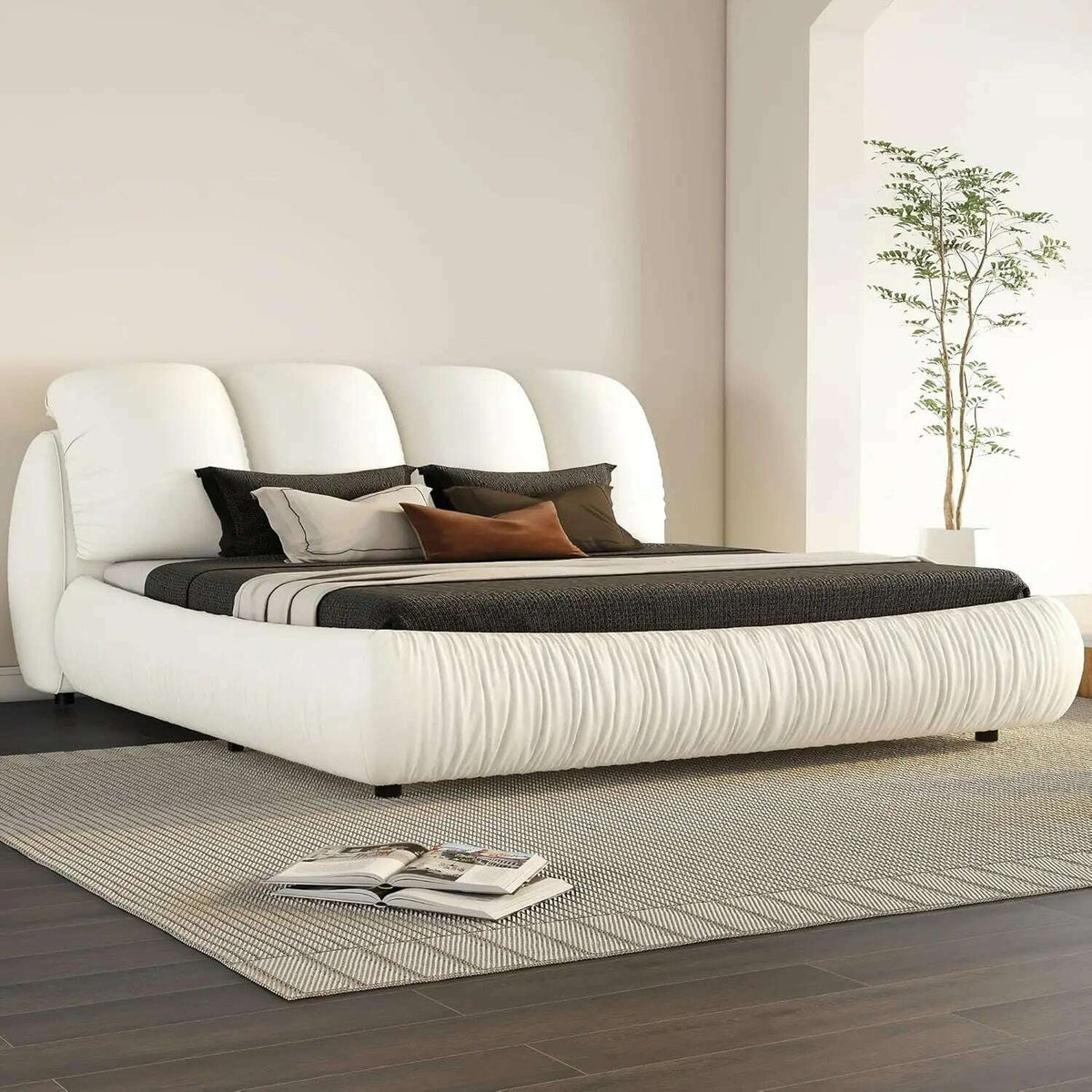 King Size Platform Bed with Overstuffed Padded Headboard, Lite Deluxe Faux Leather Upholstered Solid Wood Frame Cloud Bed