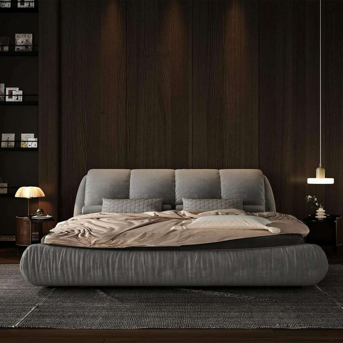 King Size Platform Bed with Overstuffed Padded Headboard, Lite Deluxe Faux Leather Upholstered Solid Wood Frame Cloud Bed