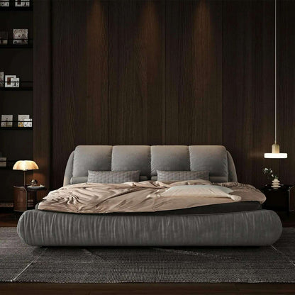 King Size Platform Bed with Overstuffed Padded Headboard, Lite Deluxe Faux Leather Upholstered Solid Wood Frame Cloud Bed