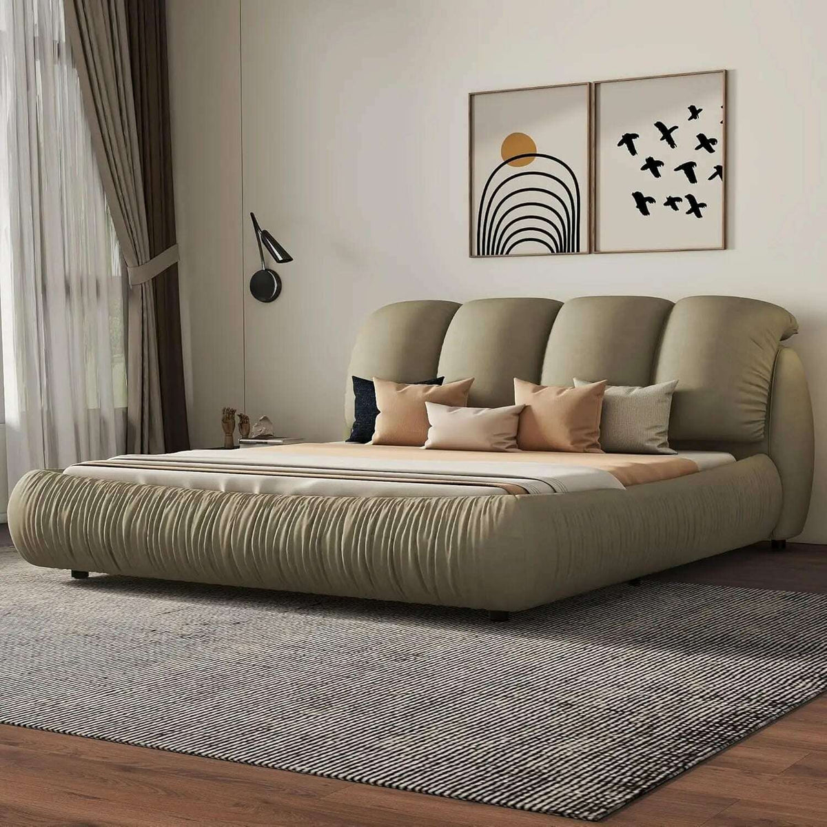 King Size Platform Bed with Overstuffed Padded Headboard, Lite Deluxe Faux Leather Upholstered Solid Wood Frame Cloud Bed