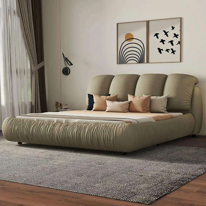 King Size Platform Bed with Overstuffed Padded Headboard, Lite Deluxe Faux Leather Upholstered Solid Wood Frame Cloud Bed