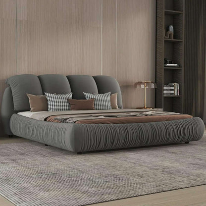 King Size Platform Bed with Overstuffed Padded Headboard, Lite Deluxe Faux Leather Upholstered Solid Wood Frame Cloud Bed