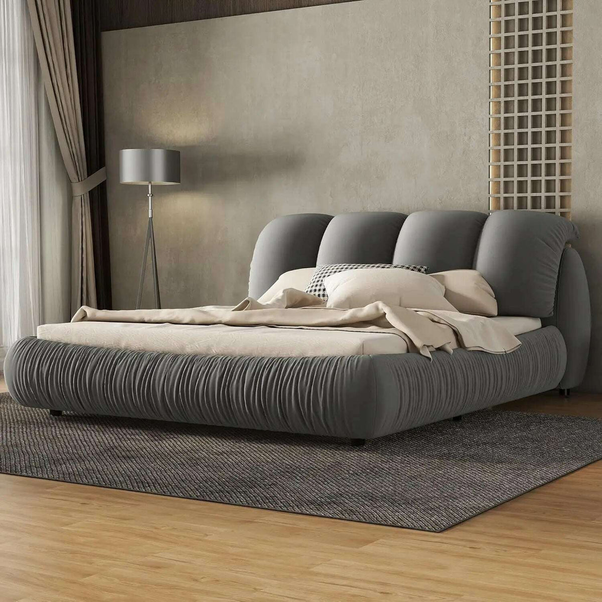 King Size Platform Bed with Overstuffed Padded Headboard, Lite Deluxe Faux Leather Upholstered Solid Wood Frame Cloud Bed