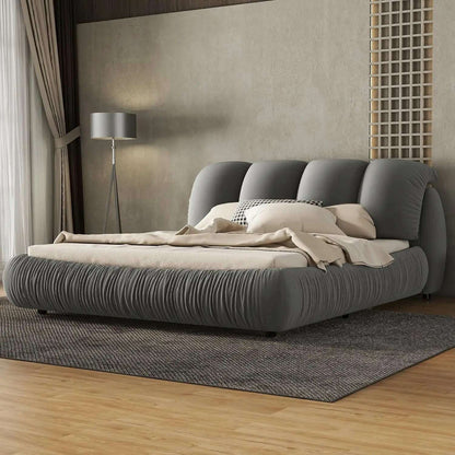 King Size Platform Bed with Overstuffed Padded Headboard, Lite Deluxe Faux Leather Upholstered Solid Wood Frame Cloud Bed