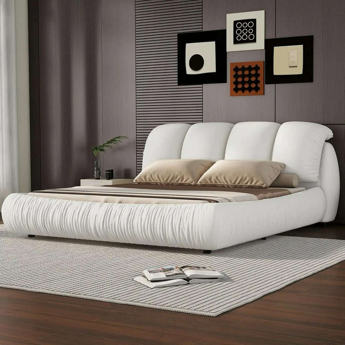 King Size Platform Bed with Overstuffed Padded Headboard, Lite Deluxe Faux Leather Upholstered Solid Wood Frame Cloud Bed