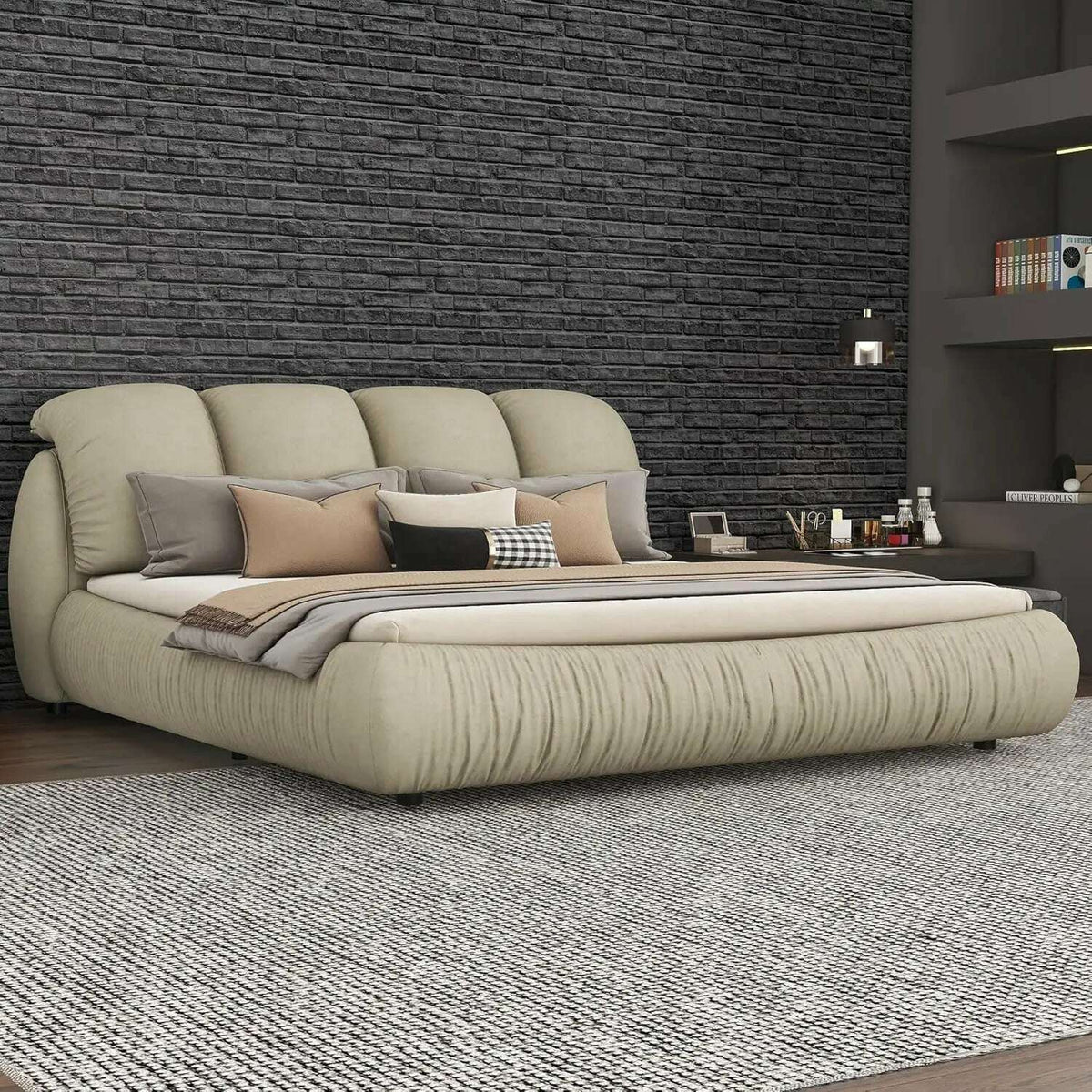 King Size Platform Bed with Overstuffed Padded Headboard, Lite Deluxe Faux Leather Upholstered Solid Wood Frame Cloud Bed