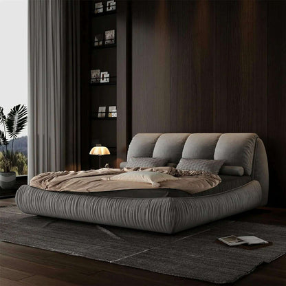 King Size Platform Bed with Overstuffed Padded Headboard, Lite Deluxe Faux Leather Upholstered Solid Wood Frame Cloud Bed