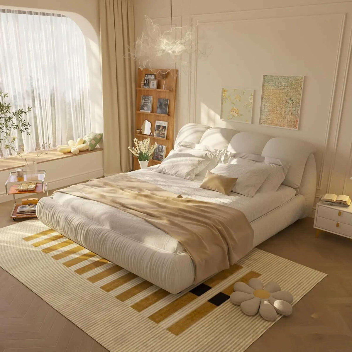 King Size Platform Bed with Overstuffed Padded Headboard, Lite Deluxe Faux Leather Upholstered Solid Wood Frame Cloud Bed