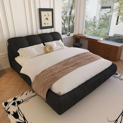 King Size Platform Bed with Overstuffed Padded Headboard, Lite Deluxe Faux Leather Upholstered Solid Wood Frame Cloud Bed