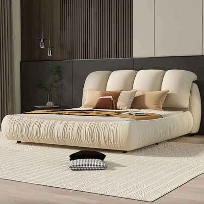 King Size Platform Bed with Overstuffed Padded Headboard, Lite Deluxe Faux Leather Upholstered Solid Wood Frame Cloud Bed