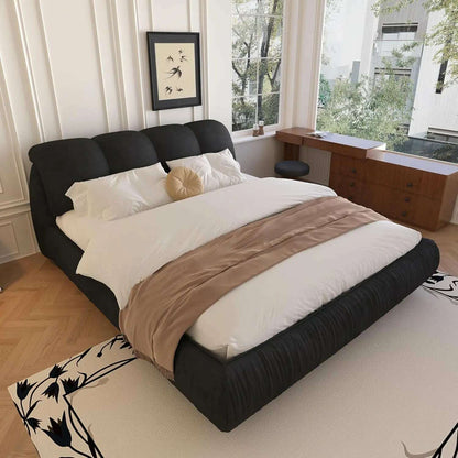 King Size Platform Bed with Overstuffed Padded Headboard, Lite Deluxe Faux Leather Upholstered Solid Wood Frame Cloud Bed