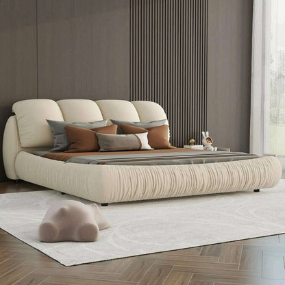 King Size Platform Bed with Overstuffed Padded Headboard, Lite Deluxe Faux Leather Upholstered Solid Wood Frame Cloud Bed