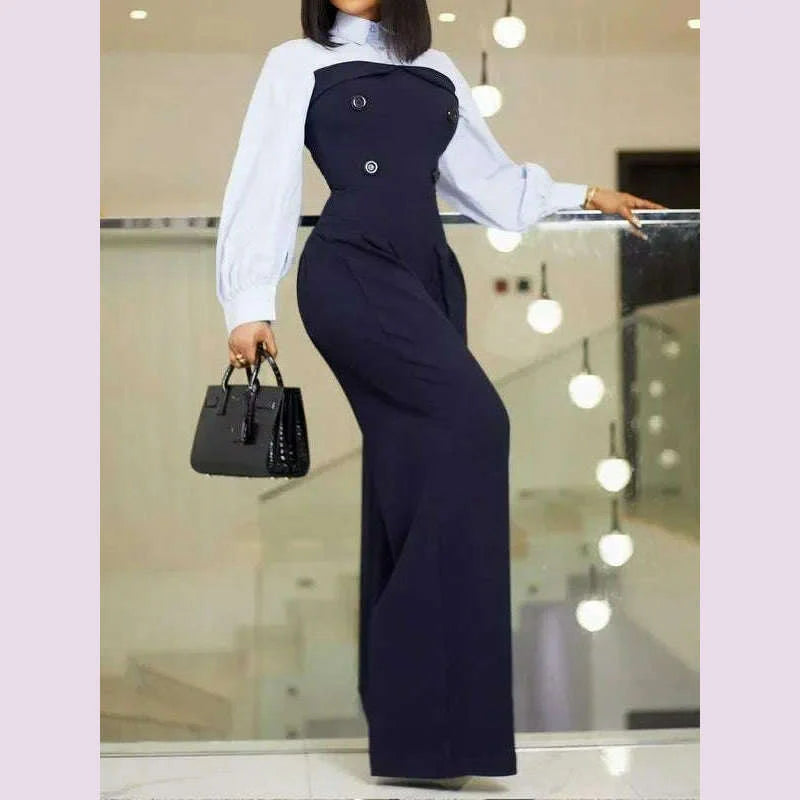 Krisnanas Women's Wide Leg Jumpsuits 2024 New Autumn Long Sleeves Fashion Patchwork Buttoned Loose Casual Office One-piece Suits