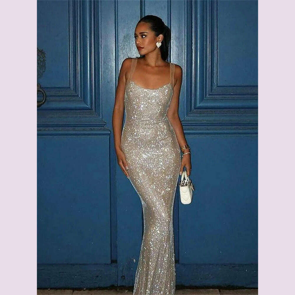 Ladies Autumn Bling Glitter Sequins New Fashion Evening Party Dress Women Sleeveless Backless Maxi Dresses Clubwear Fall Outfits